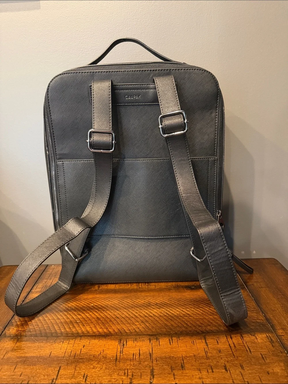 Calpak Black Leather Backpack with Woven-Edge Detail